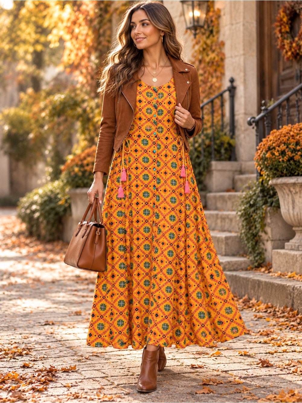 Fusion Orange Geometric Maxi Dress Tassel Tie Button Front Made India Boho